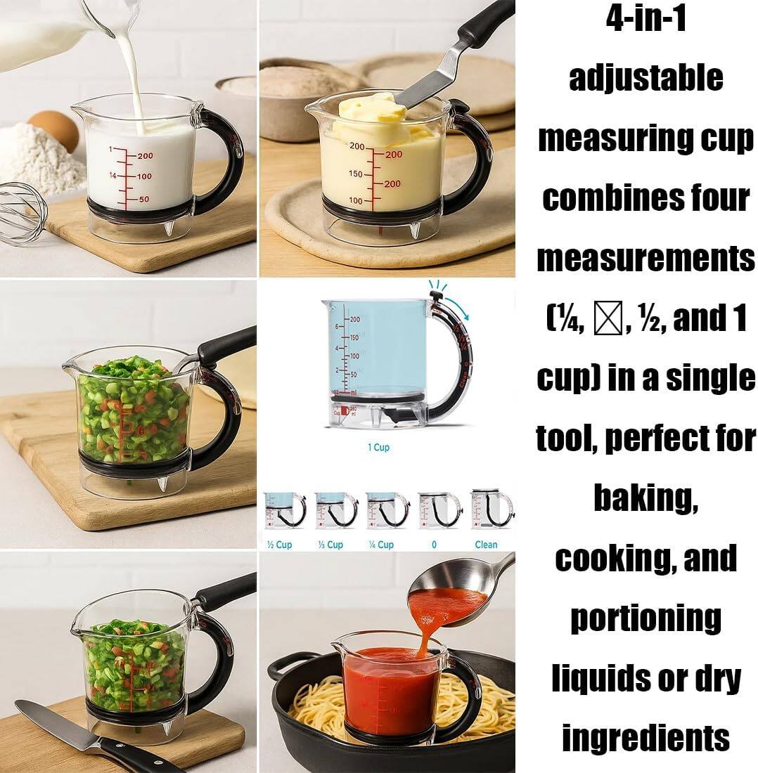 🍳 4-in-1 Adjustable Measuring Cup | One cup does all the measuring of ingredients, saving space and increasing efficiency!