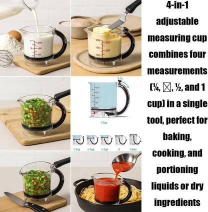 🍳 4-in-1 Adjustable Measuring Cup | One cup does all the measuring of ingredients, saving space and increasing efficiency!